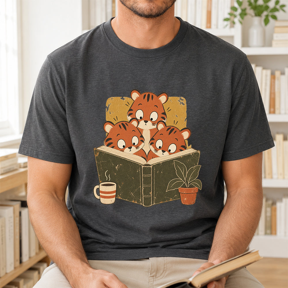 Minimal Japanese Tigers Reading Softstyle T-Shirt | Book Lover Gift Dark Heather