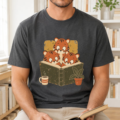 Minimal Japanese Tigers Reading Softstyle T-Shirt | Book Lover Gift Dark Heather