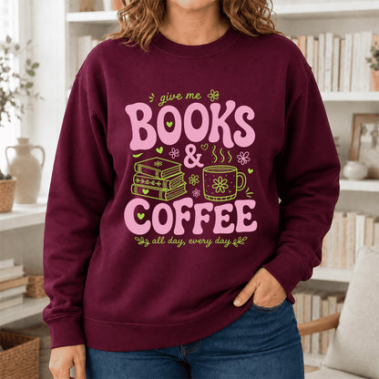 Books and Coffee Crewneck Sweatshirt | Reader Gift Maroon
