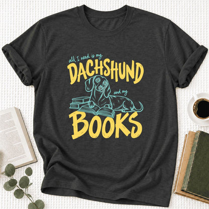 All I Need Is My Dachshund And My Books Ultra-Soft Cotton T-Shirt | Gift Dark Grey Heather