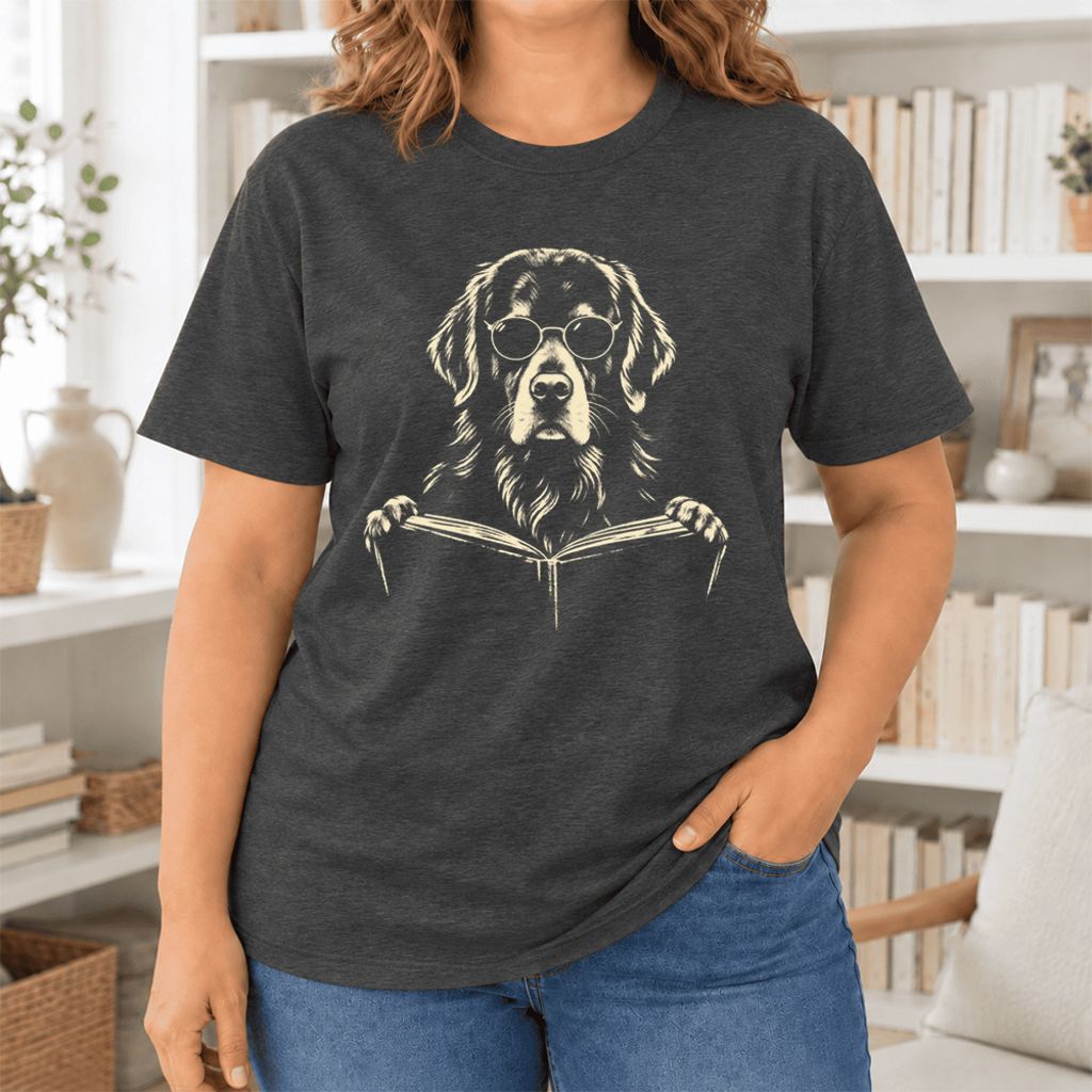 Golden Retriever Reading Book Ultra-Soft Cotton T-Shirt | Dog Mom Reader Gift Dark Grey Heather