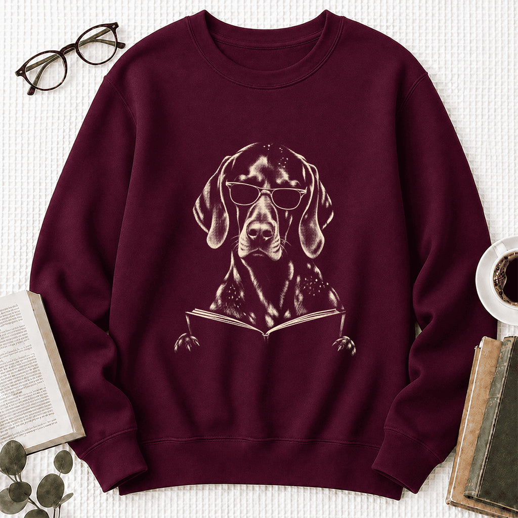 German Shorthaired Pointer Reading Book Crewneck Sweatshirt | Reader Gift Maroon