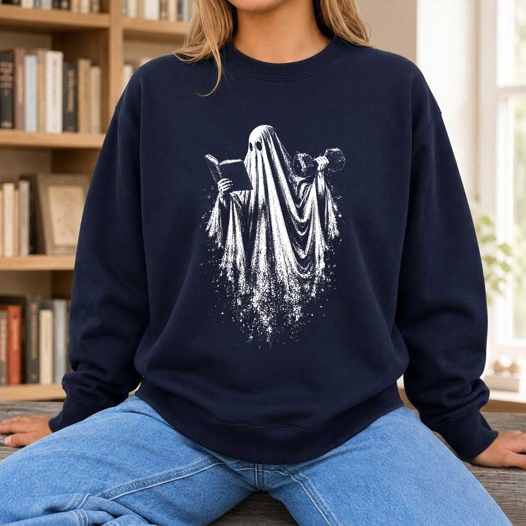 Reading Gym Ghost Printed Sweatshirt | Halloween Book Lover Gift Navy