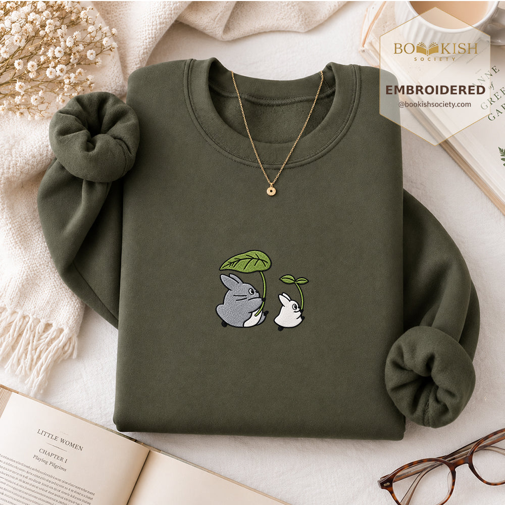Forest Spirits and Flowers Embroidered Sweatshirt | Reader Gift Military Green
