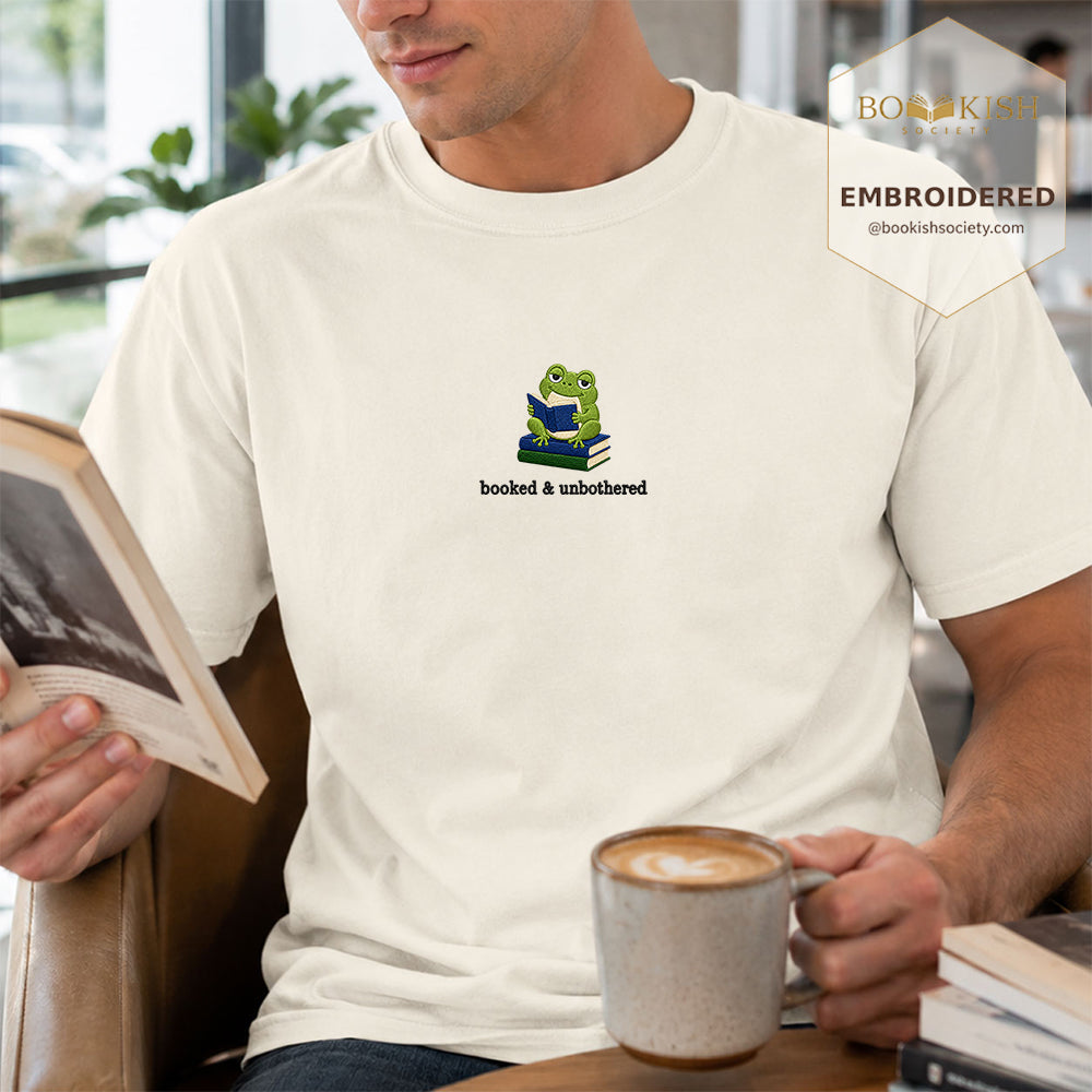 Booked and Unbothered Embroidered Comfort Color® T-shirt | Book Lover Gift Ivory