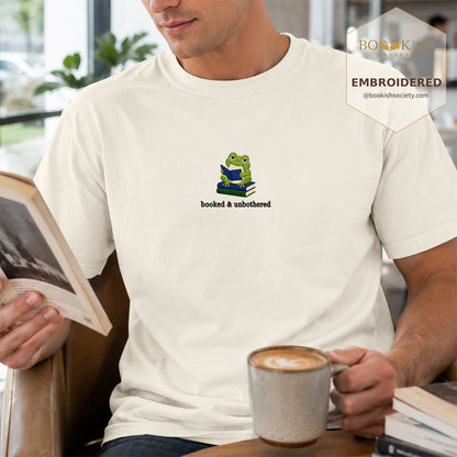 Booked and Unbothered Embroidered Comfort Color® T-shirt | Book Lover Gift Ivory