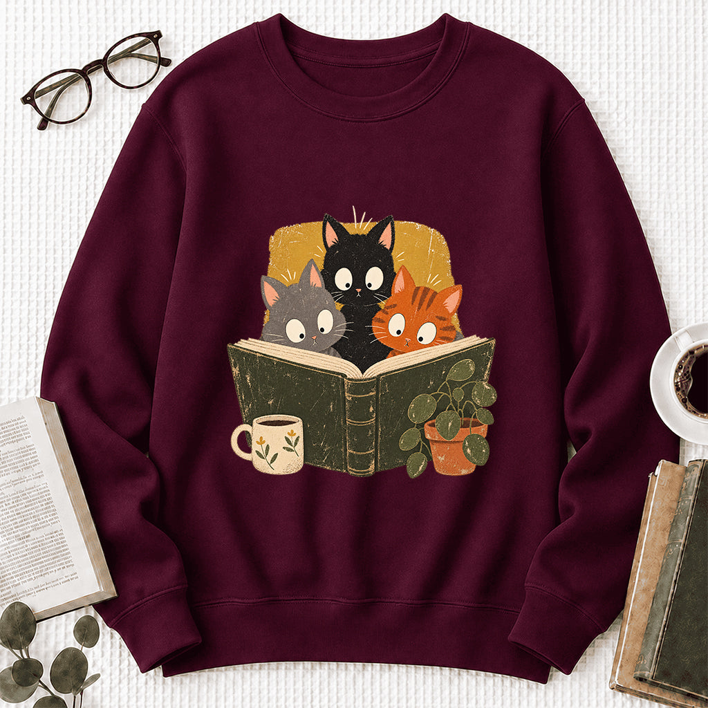 Minimal Japanese Cats Reading Crewneck Sweatshirt | Reader Gift Maroon