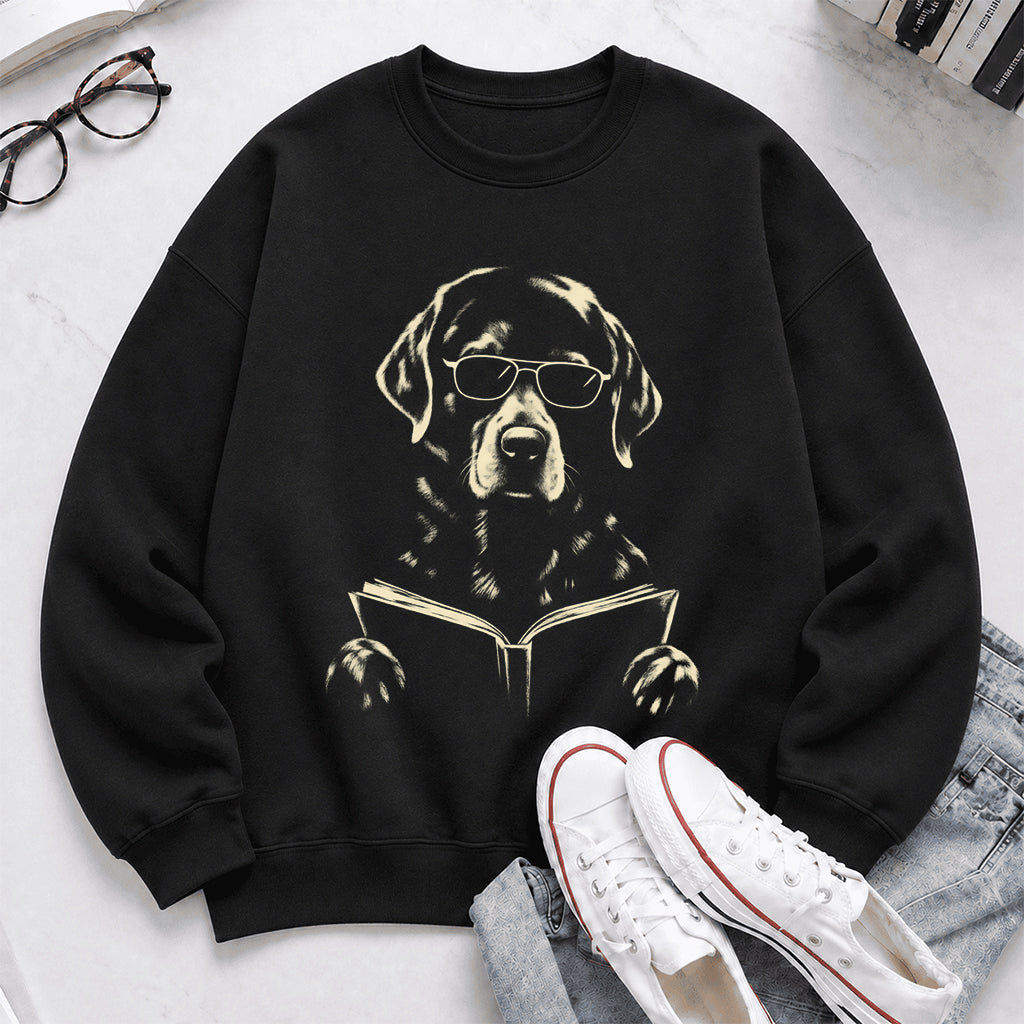 Labrador Retriever Reading Book Crewneck Sweatshirt | Reader Gift Black