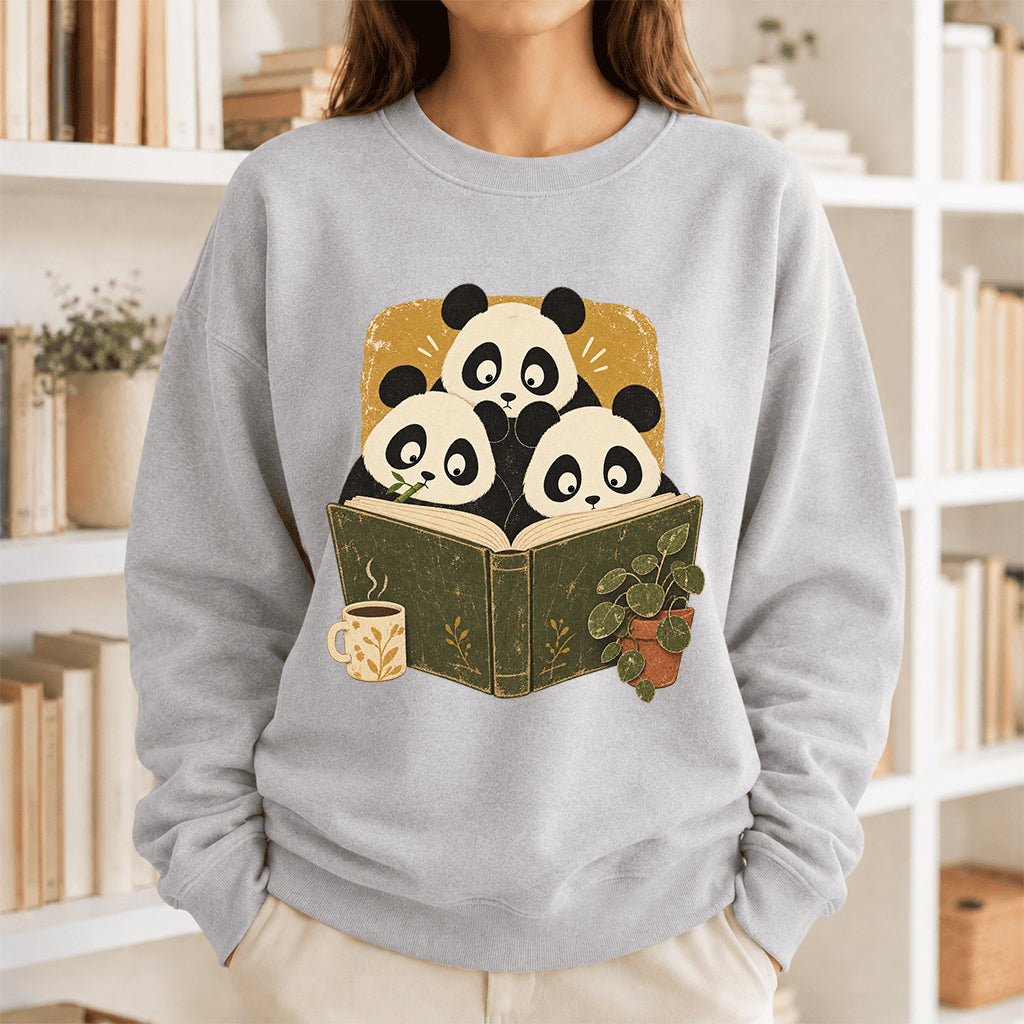 Curious Pandas Reading Crewneck Sweatshirt | Panda Lover & Reader Gift Sport Grey