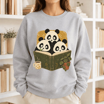 Curious Pandas Reading Crewneck Sweatshirt | Panda Lover & Reader Gift Sport Grey