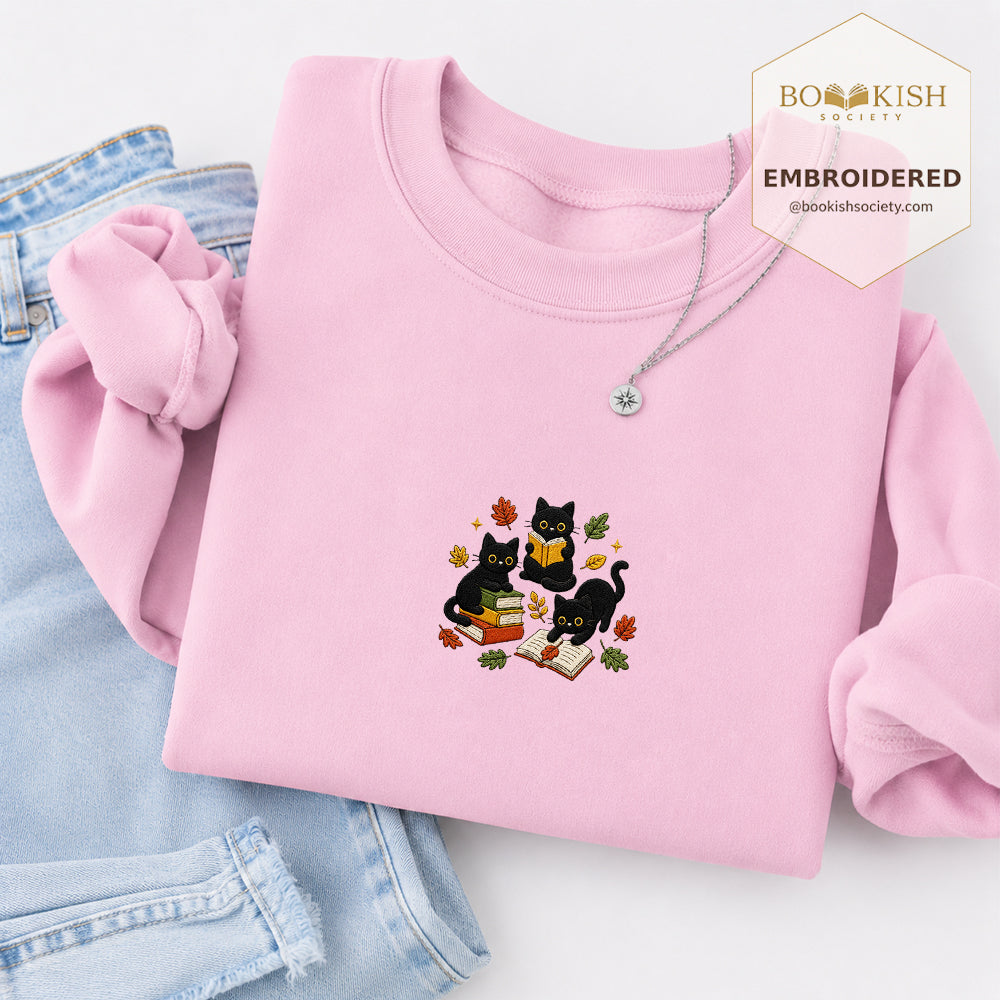 Cat Catching Leaves Embroidered Sweatshirt | Reader Gift Light Pink