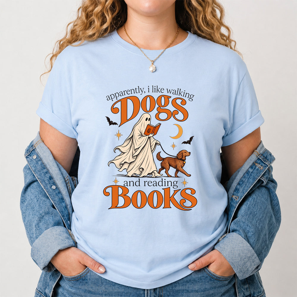 Apparently I Like Walking Dogs And Reading Books Printed T-Shirt | Halloween Dog Lover Reader Gift Light Blue