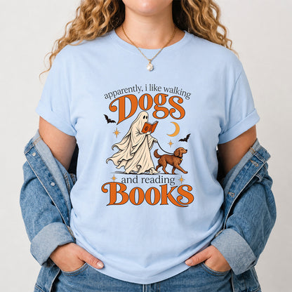 Apparently I Like Walking Dogs And Reading Books Printed T-Shirt | Halloween Dog Lover Reader Gift Light Blue