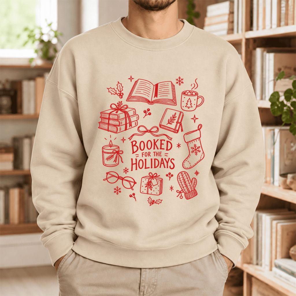 Booked For The Holidays Softstyle Sweatshirt | Christmas Book Lover Gift Sand