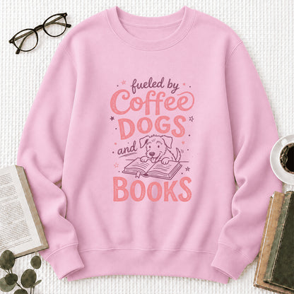 Fueled By Coffee, Dogs and Books Crewneck Sweatshirt | Coffee & Dog Lover, Reader Gift Light Pink