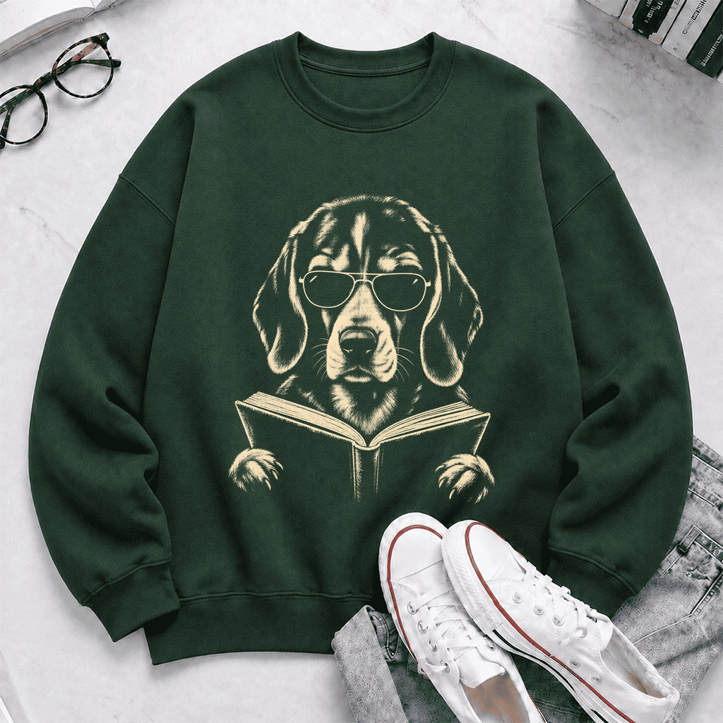 Beagle Reading Book Crewneck Sweatshirt | Reader Gift Forest Green