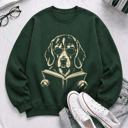 Beagle Reading Book Crewneck Sweatshirt | Reader Gift Forest Green