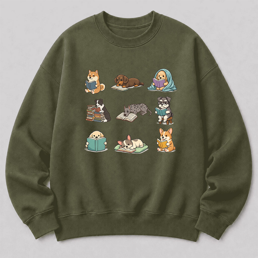 Funny Dogs Reading Crewneck Sweatshirt | Reader Gift Military Green