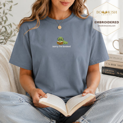 Sorry I'm Booked Embroidered Comfort Color® T-shirt | Book Lover Gift Blue Jean