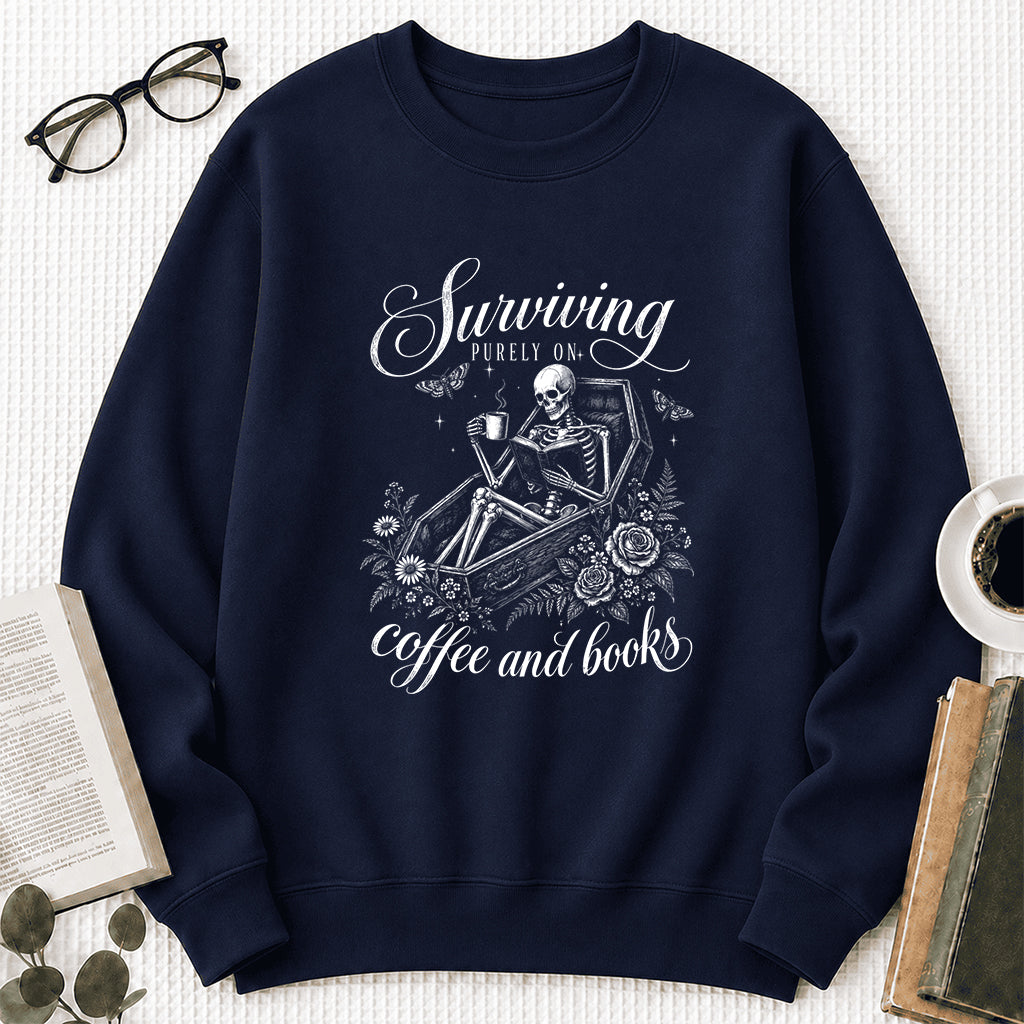 Surviving Purely On Coffee And Books Printed Sweatshirt | Halloween Reader Gift Navy