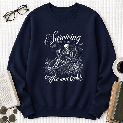 Surviving Purely On Coffee And Books Printed Sweatshirt | Halloween Reader Gift Navy