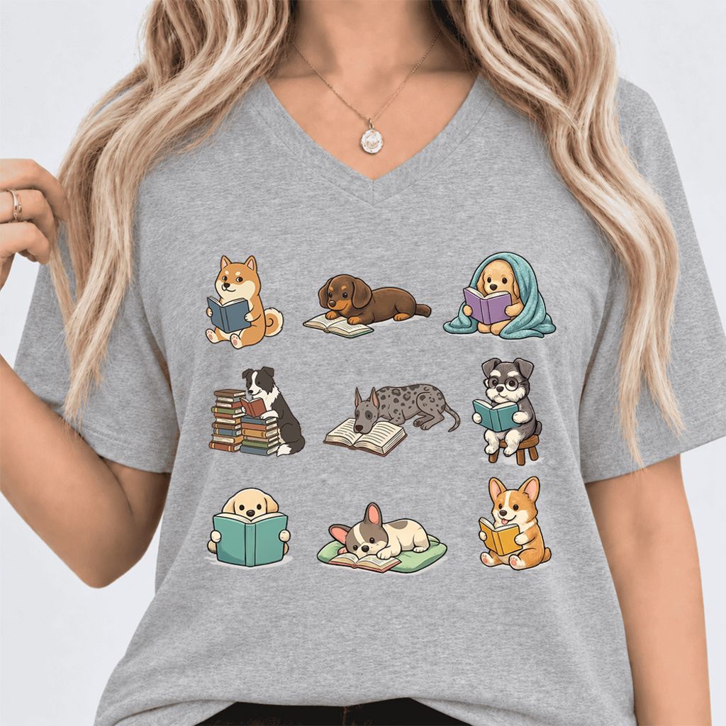 Funny Reading Dogs Ultra-Soft V-Neck | Dog Mom Reader Gift Athletic Heather
