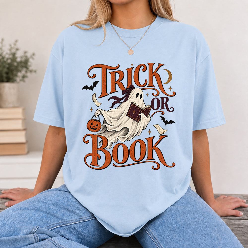 Trick Or Book Ghost Printed T-Shirt | Halloween Book Lover Gift Light Blue