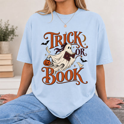 Trick Or Book Ghost Printed T-Shirt | Halloween Book Lover Gift Light Blue