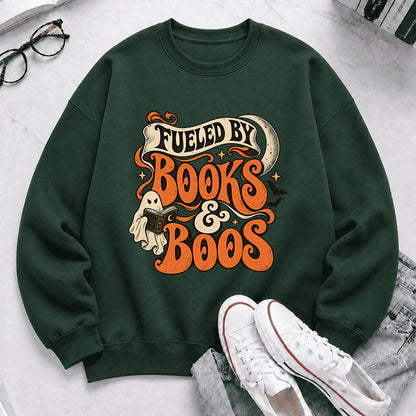 Fueled By Books & Boos Printed Sweatshirt | Halloween Book Lover Gift Forest Green