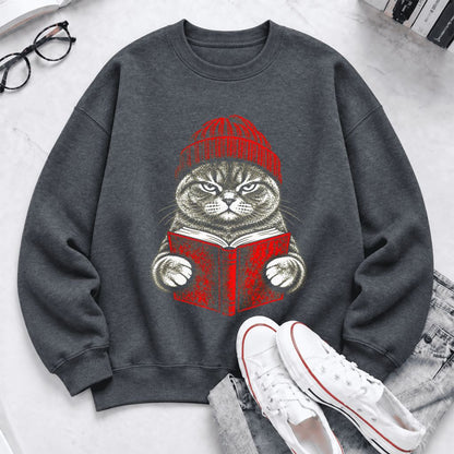 Vintage Reading Cat British Shorthair Softstyle Sweatshirt | Christmas Gift Dark Heather