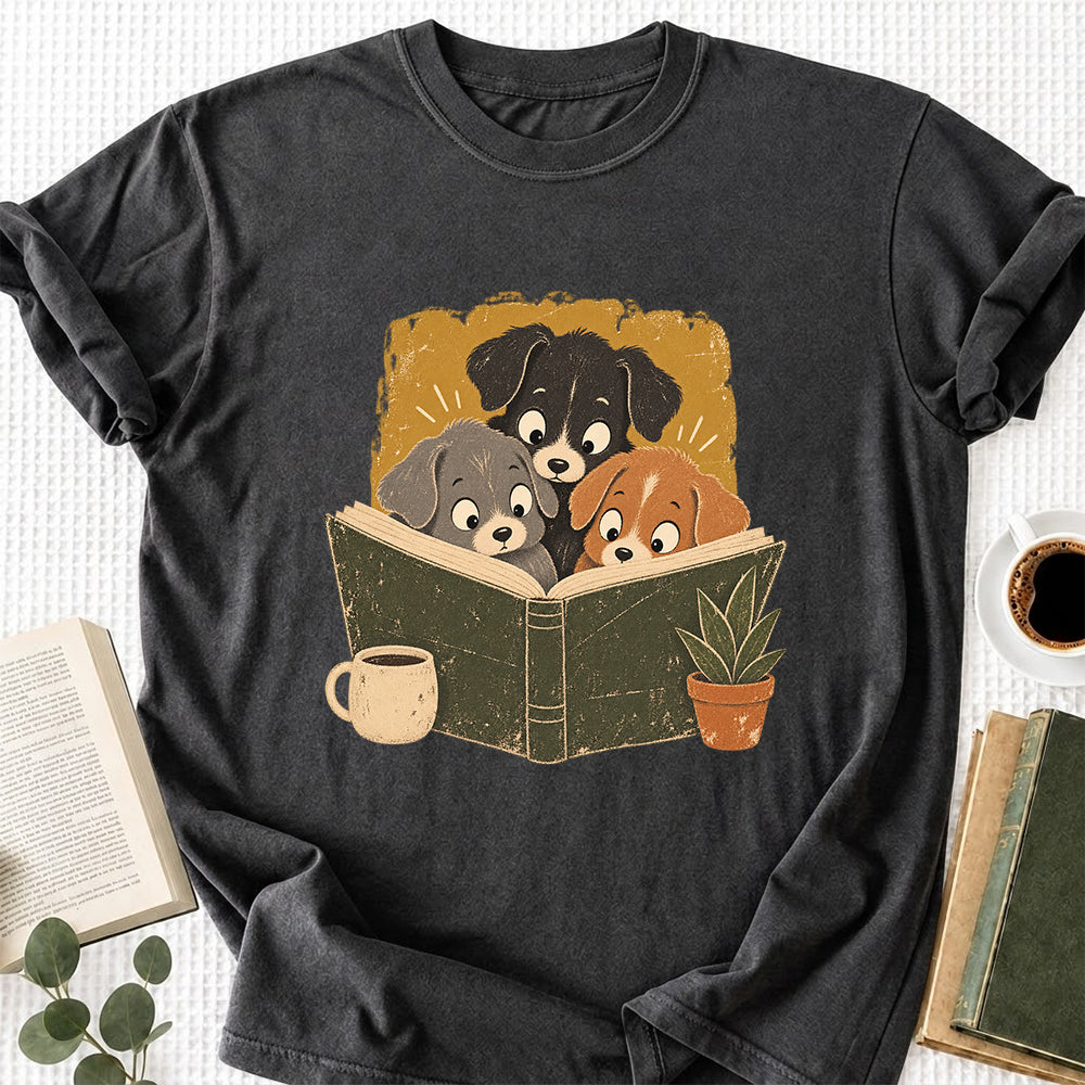 Minimal Japanese Dogs Reading Softstyle T-Shirt | Book Lover Gift Dark Heather
