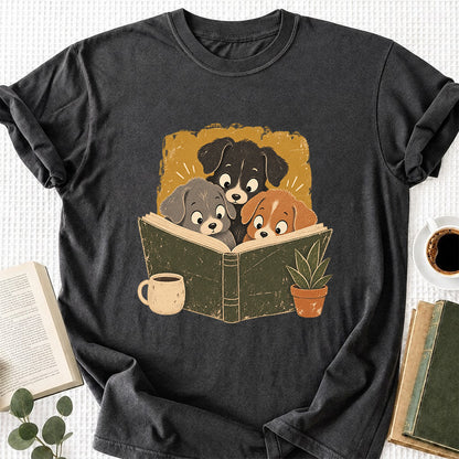 Minimal Japanese Dogs Reading Softstyle T-Shirt | Book Lover Gift Dark Heather