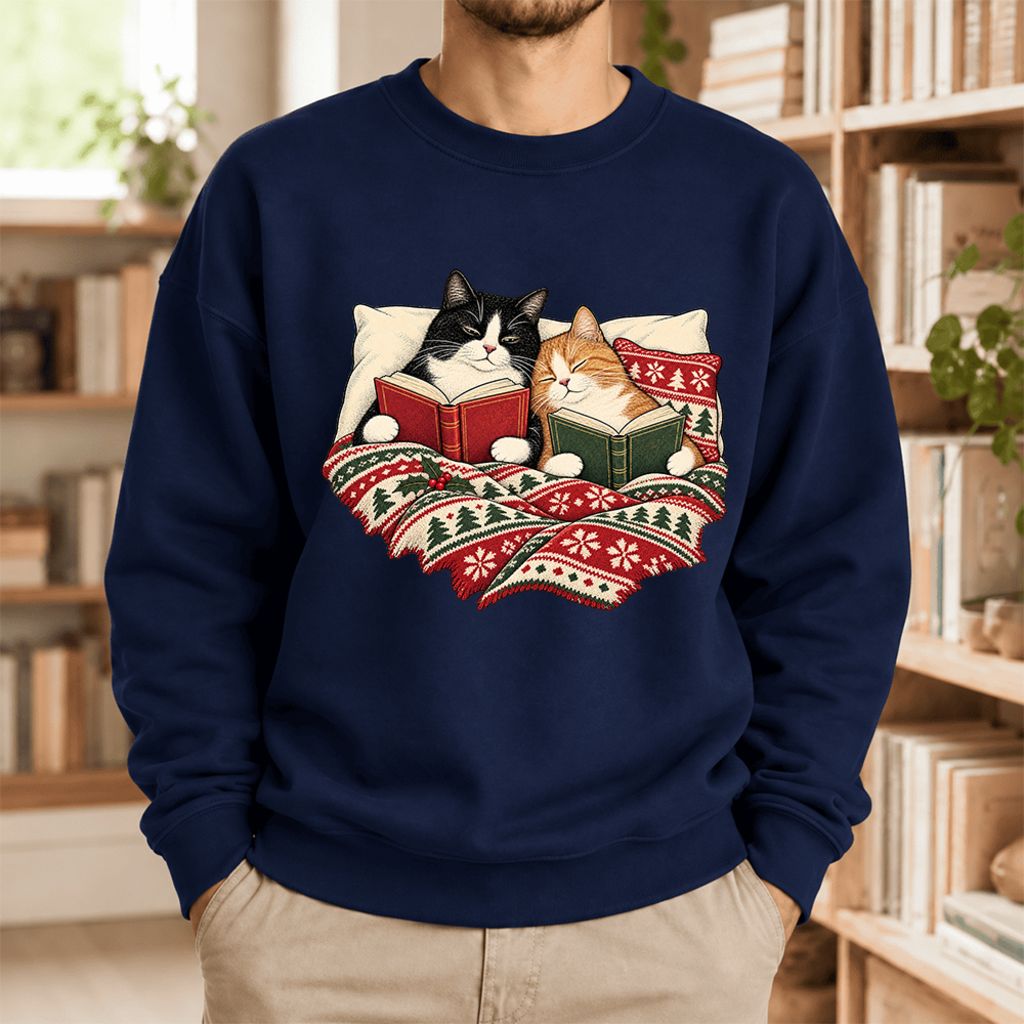 Christmas Reading Cat Couple Softstyle Sweatshirt | Cozy Christmas Gift Navy
