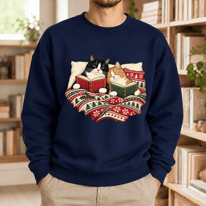 Christmas Reading Cat Couple Softstyle Sweatshirt | Cozy Christmas Gift Navy