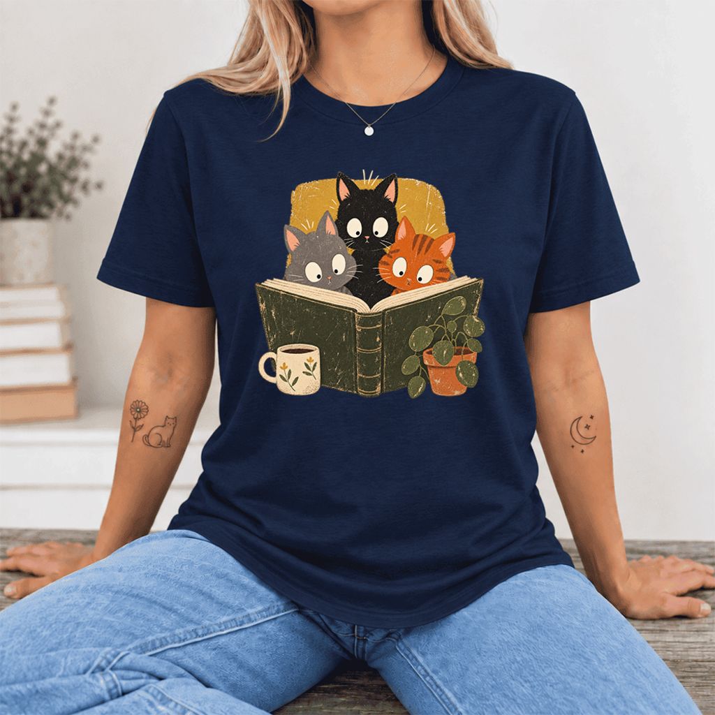 Curious Reading Cats Ultra-Soft Cotton T-Shirt | Cat Lover Reader Gift Navy