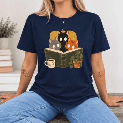 Curious Reading Cats Ultra-Soft Cotton T-Shirt | Cat Lover Reader Gift Navy