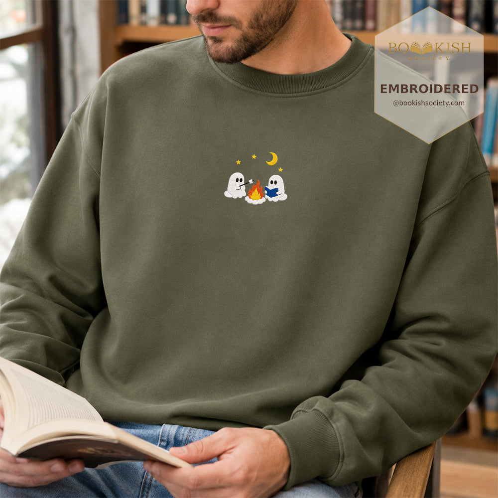Cute Ghost Camping Embroidered Sweatshirt | Reader Gift Military Green