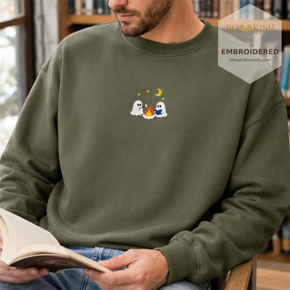 Cute Ghost Camping Embroidered Sweatshirt | Reader Gift Military Green