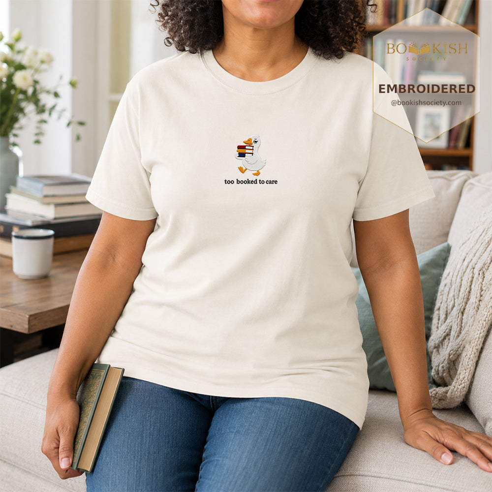 Too Booked To Care Embroidered Comfort Color® T-shirt | Book Lover Gift Ivory