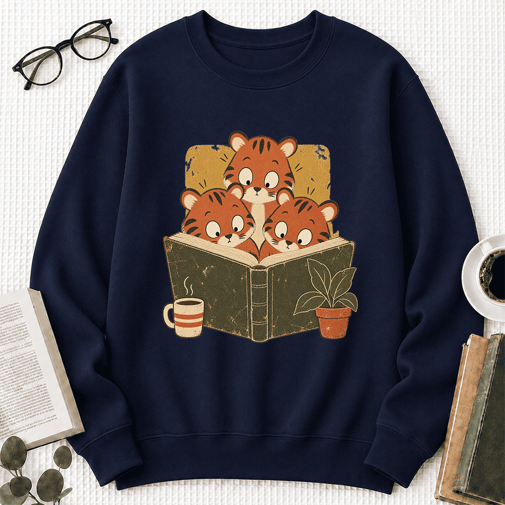 Minimal Japanese Tigers Reading Crewneck Sweatshirt | Reader Gift Navy