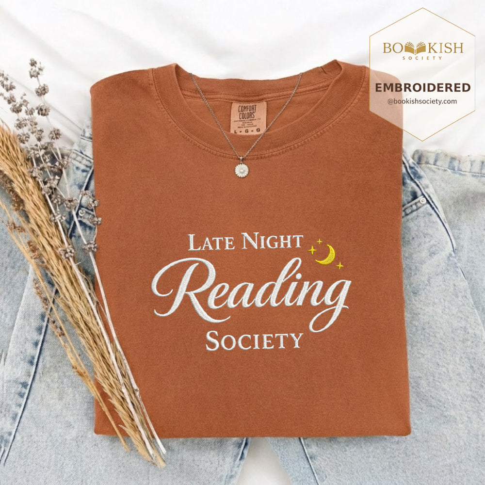 Late Night Reading Society Embroidered Comfort Color® T-shirt | Book Lover Gift Yam