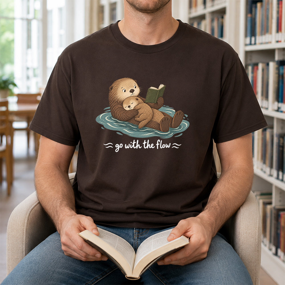 Go With The Flow Otter Reading Softstyle T-Shirt | Book Lover Gift Dark Chocolate