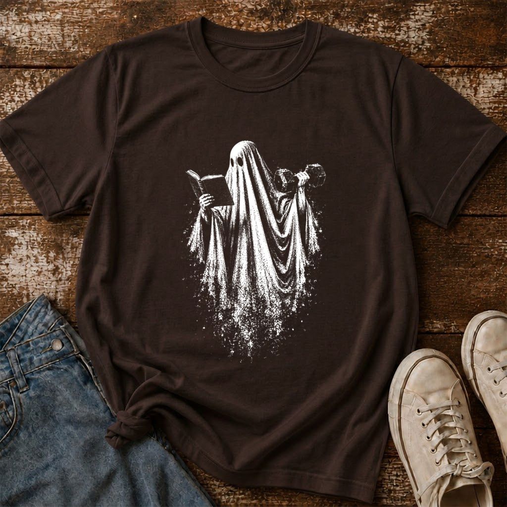 Reading Gym Ghost Printed T-Shirt | Halloween Book Lover Gift Dark Chocolate