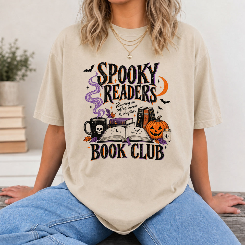 Spooky Readers Book Club Printed T-Shirt | Halloween Book Lover Gift Sand