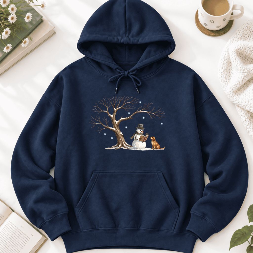 Golden Retriever And Snowman Under Tree Softstyle Hoodie | Christmas Reader Gift Navy