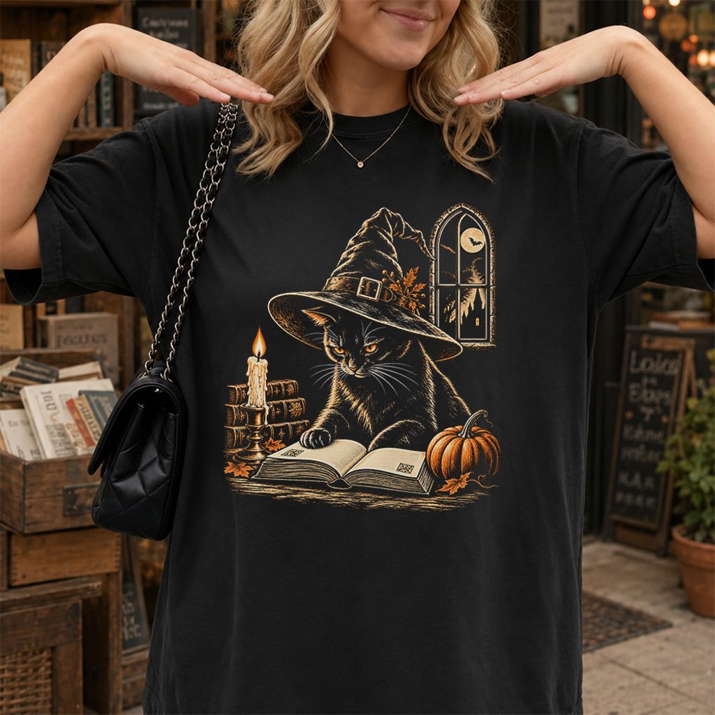 Reading Black Cat Witch Printed T-Shirt | Halloween Book Lover Gift Black