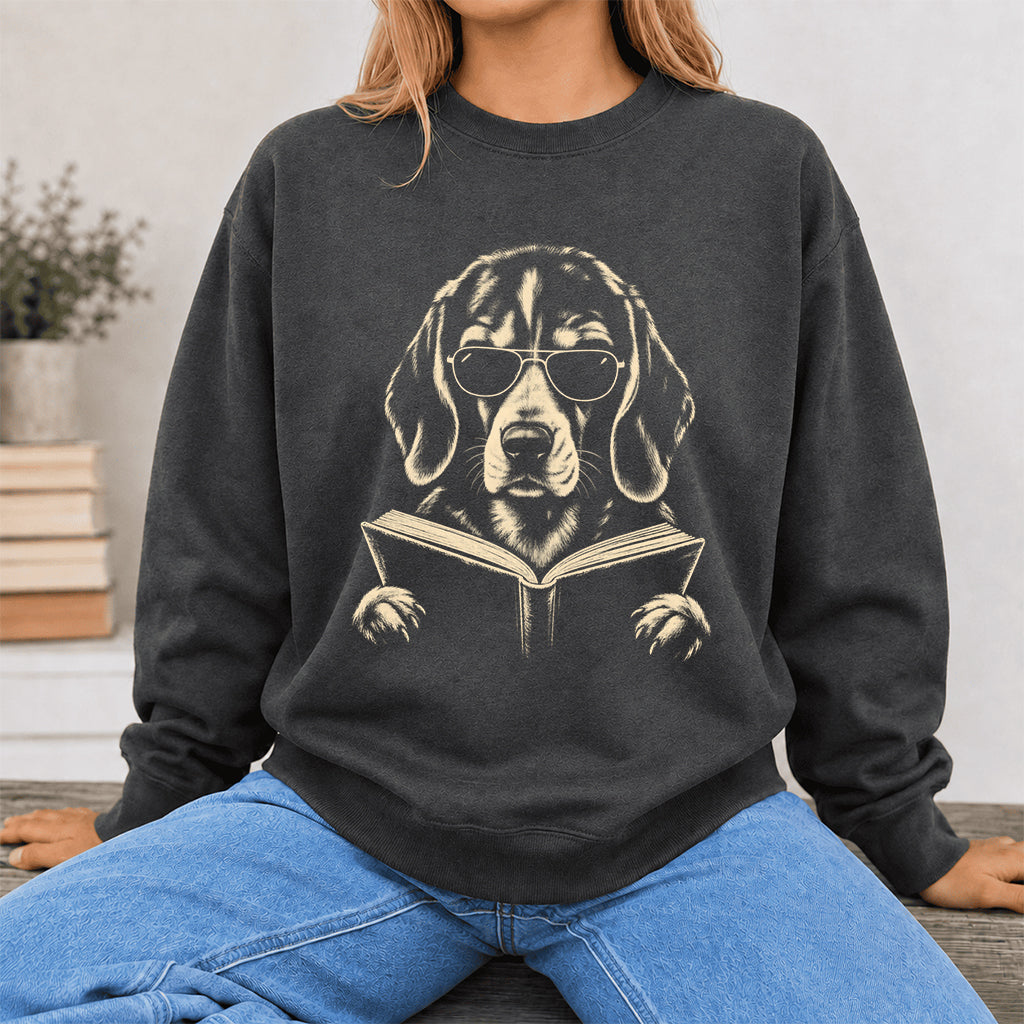 Beagle Reading Book Crewneck Sweatshirt | Reader Gift Dark Heather