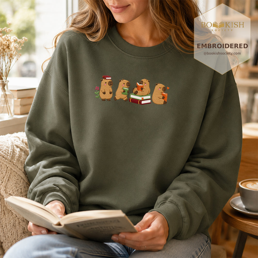 Reading Capybaras Embroidered Sweatshirt | Reader Gift Military Green