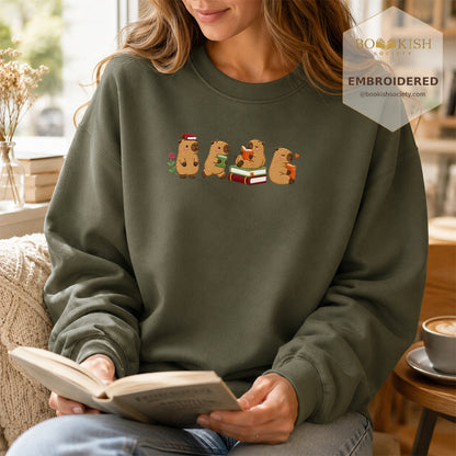 Reading Capybaras Embroidered Sweatshirt | Reader Gift Military Green