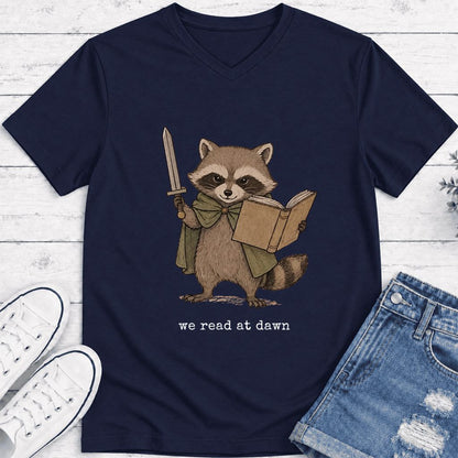 We Read At Dawn Funny Racoon Ultra-Soft V-Neck | Cozy Book Lover Gift Navy